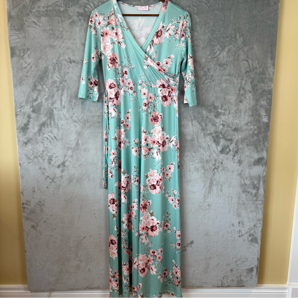 Pink Lily Mint Floral Wrap Maxi Dress w/Pink Blooms M